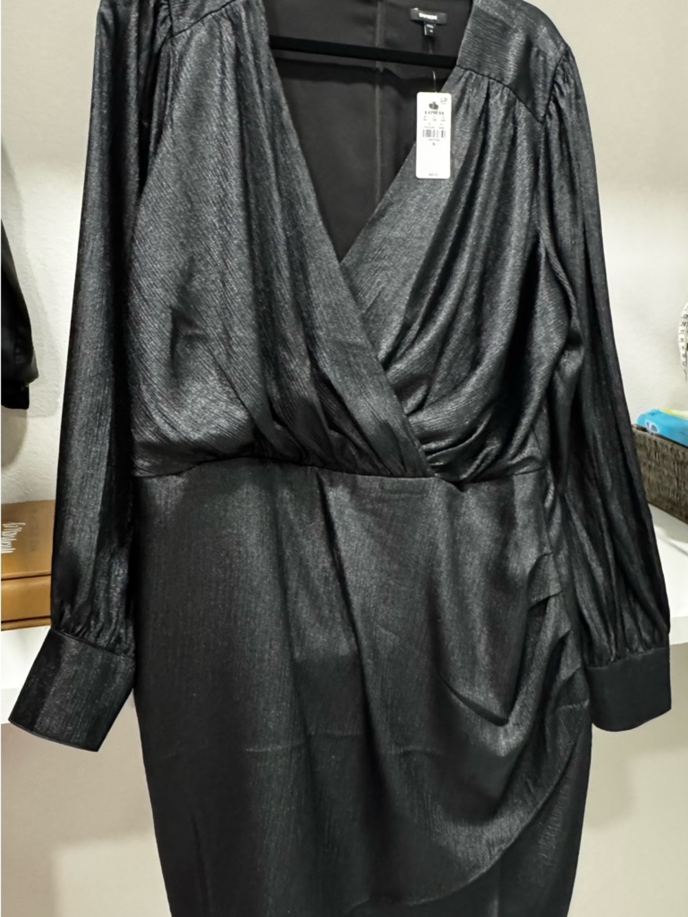 Express Black Metallic Long-Sleeve Wrap Dress